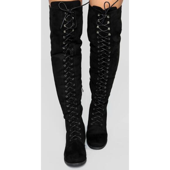 Tall Talk Flat Lace Up Over the Knee Boot - Black 10 - Picture 2 of 16